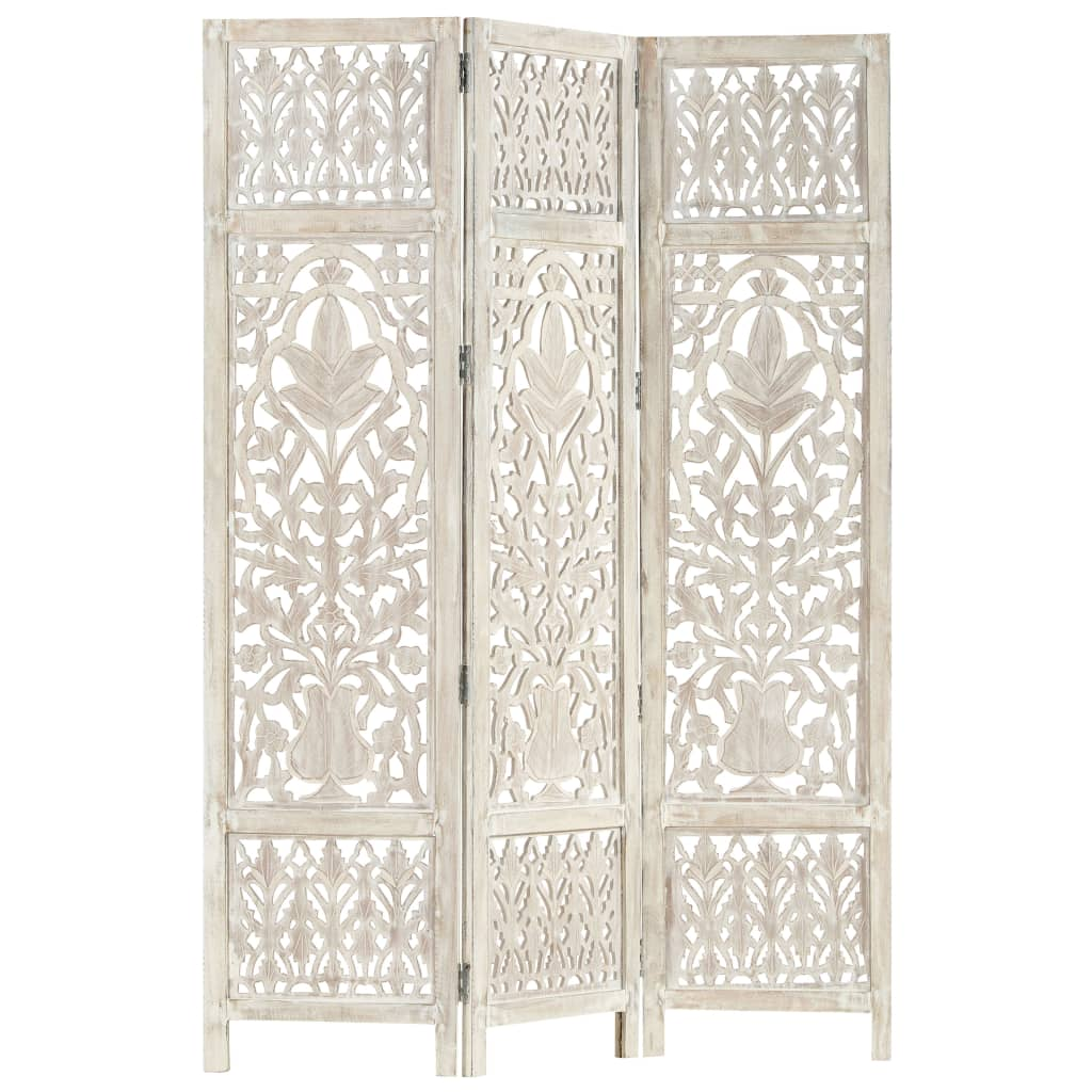 Hand carved 3-Panel Room Divider White 120x165 cm Solid Mango Wood