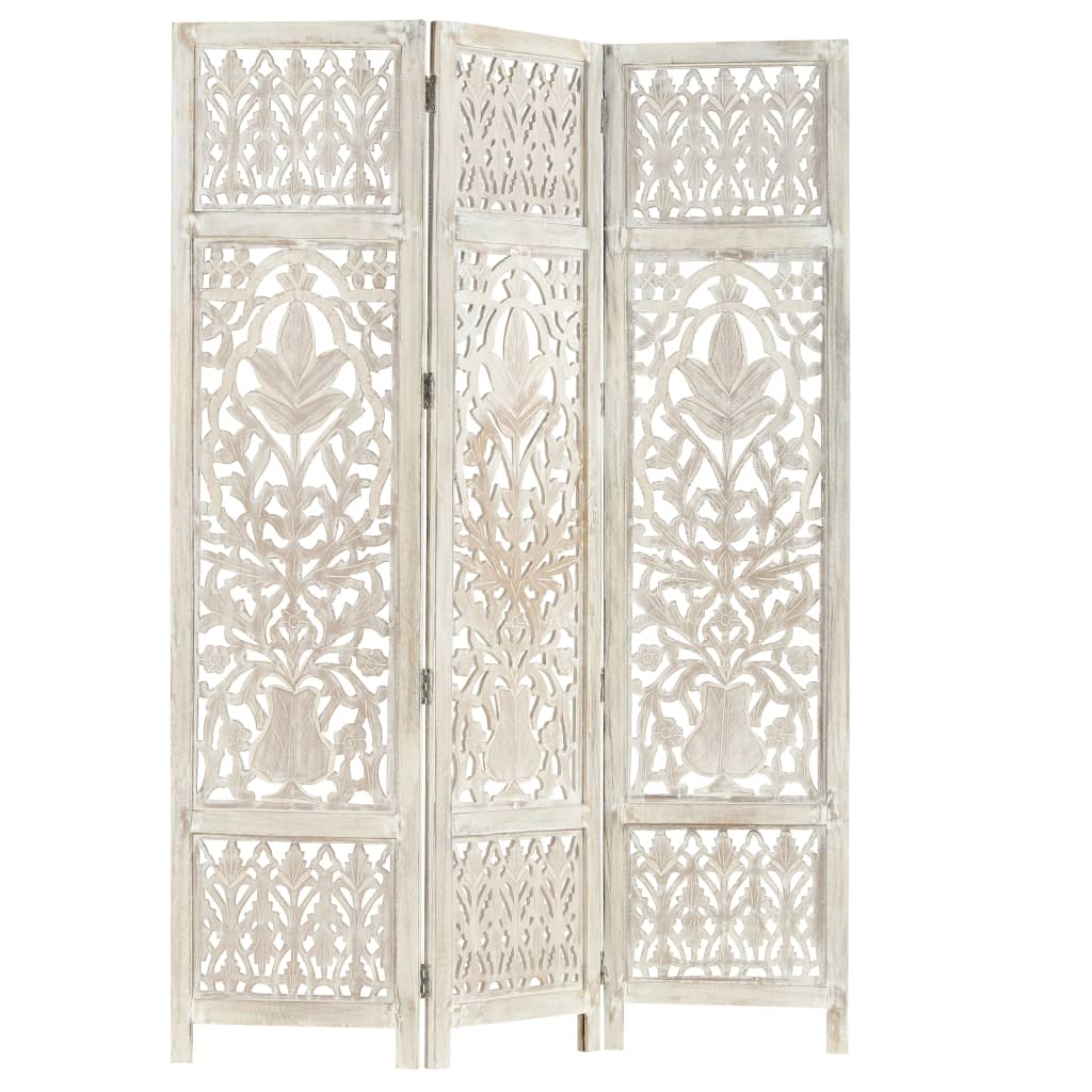 Hand carved 3-Panel Room Divider White 120x165 cm Solid Mango Wood