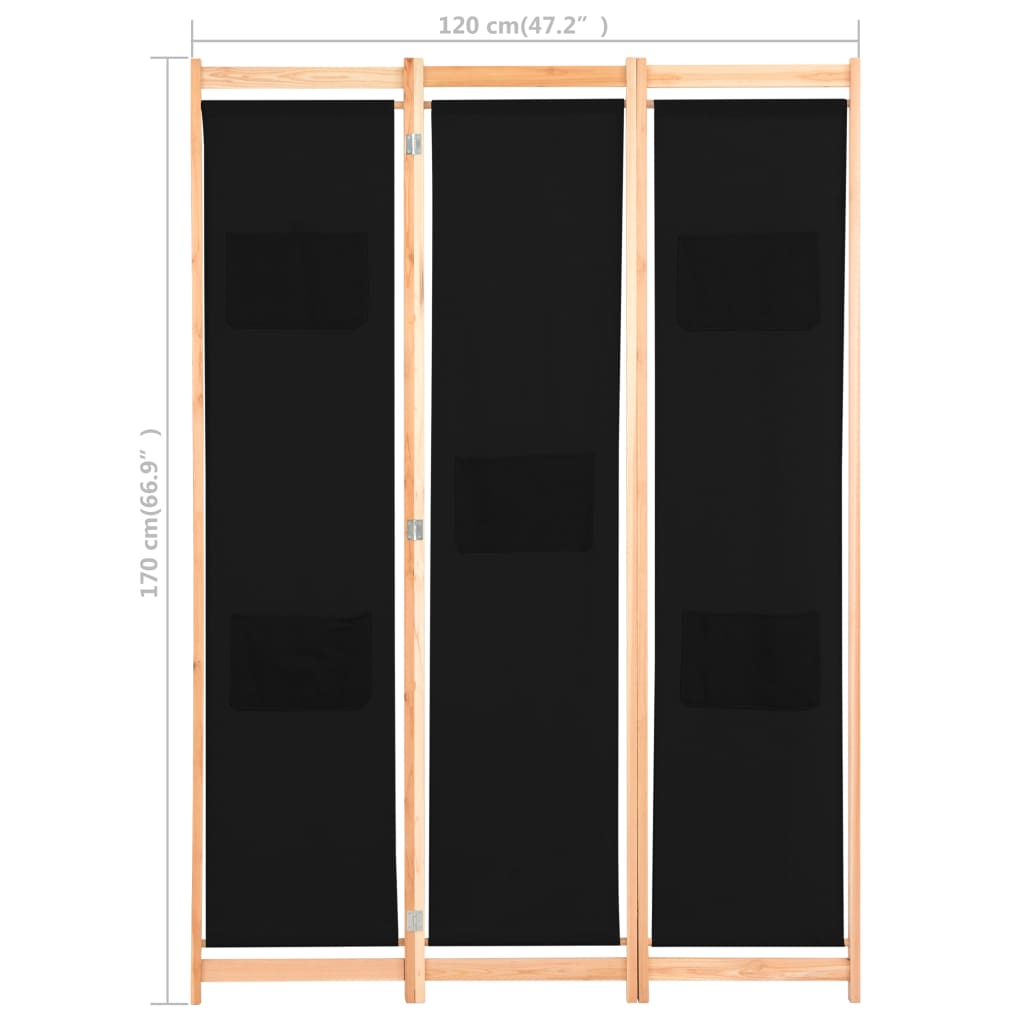 3-Panel Room Divider Black 120x170x4 cm Fabric