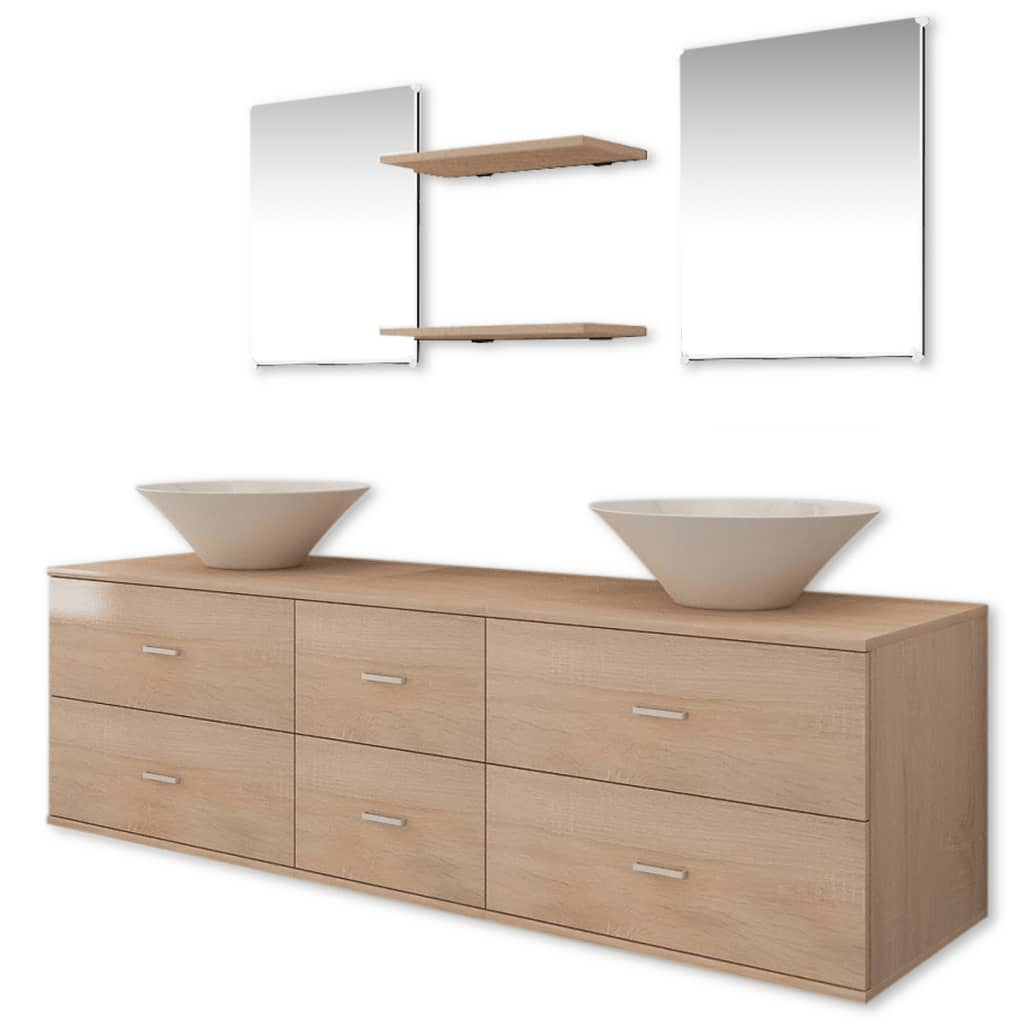 Seven Piece Bathroom Furniture and Basin Set Beige