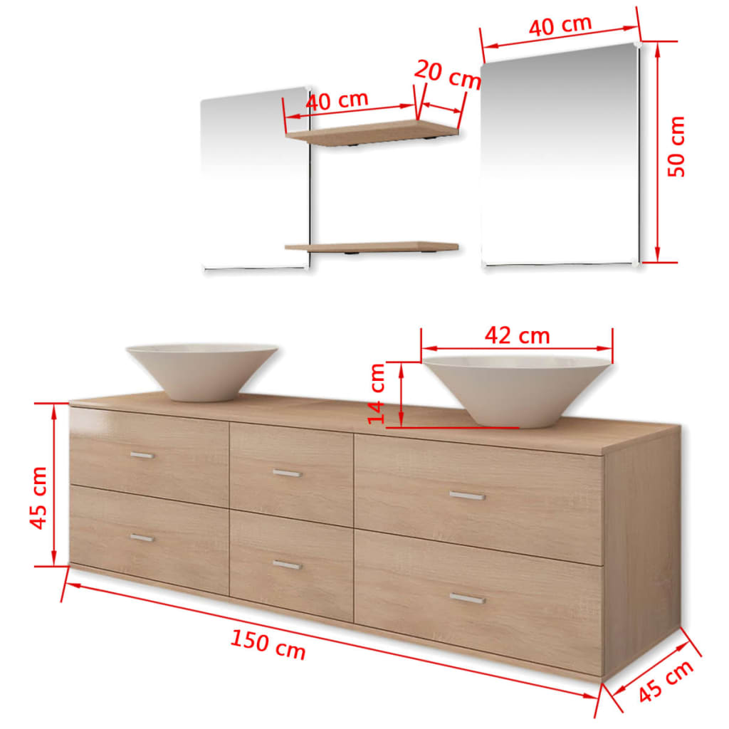 Seven Piece Bathroom Furniture and Basin Set Beige