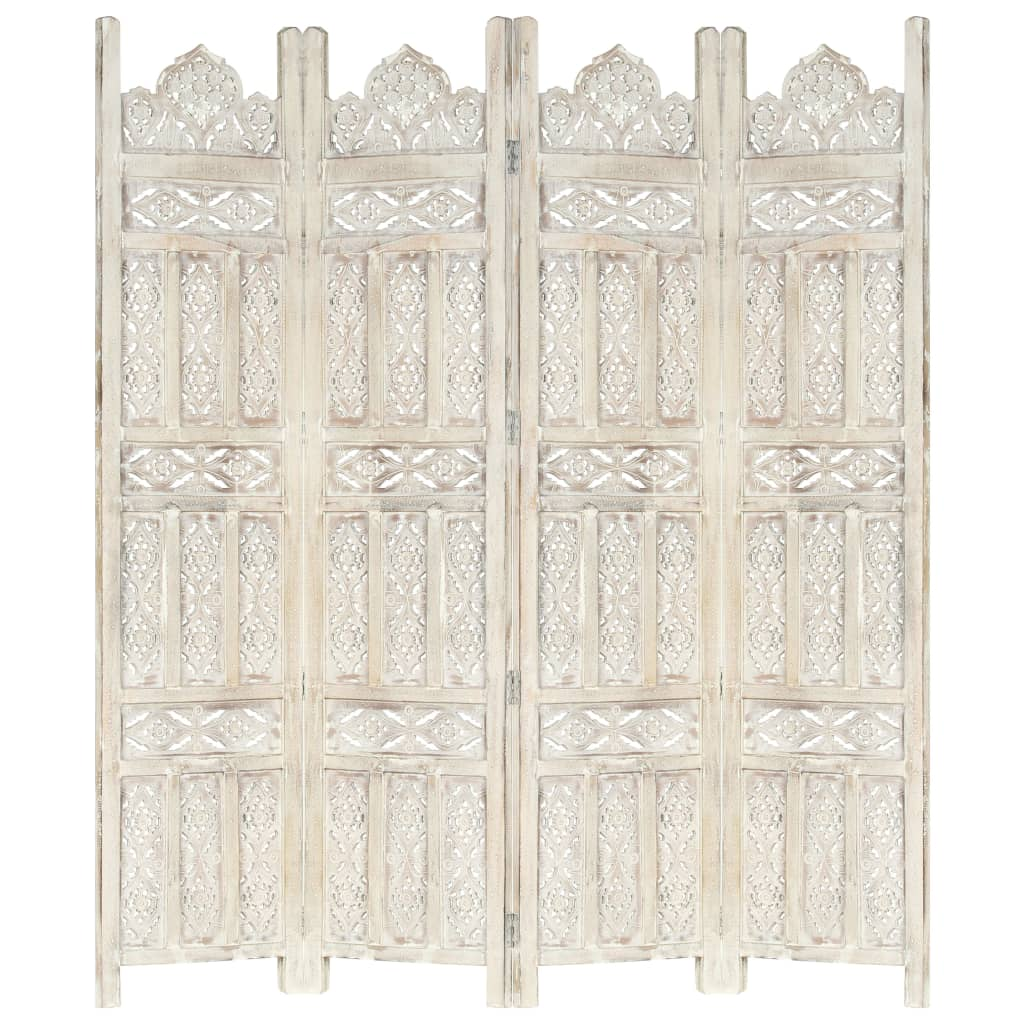 Hand carved 4-Panel Room Divider White 160x165 cm Solid Mango Wood