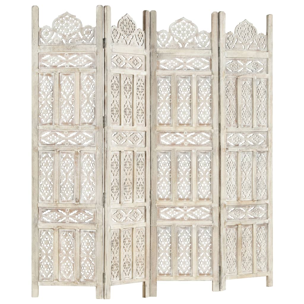 Hand carved 4-Panel Room Divider White 160x165 cm Solid Mango Wood