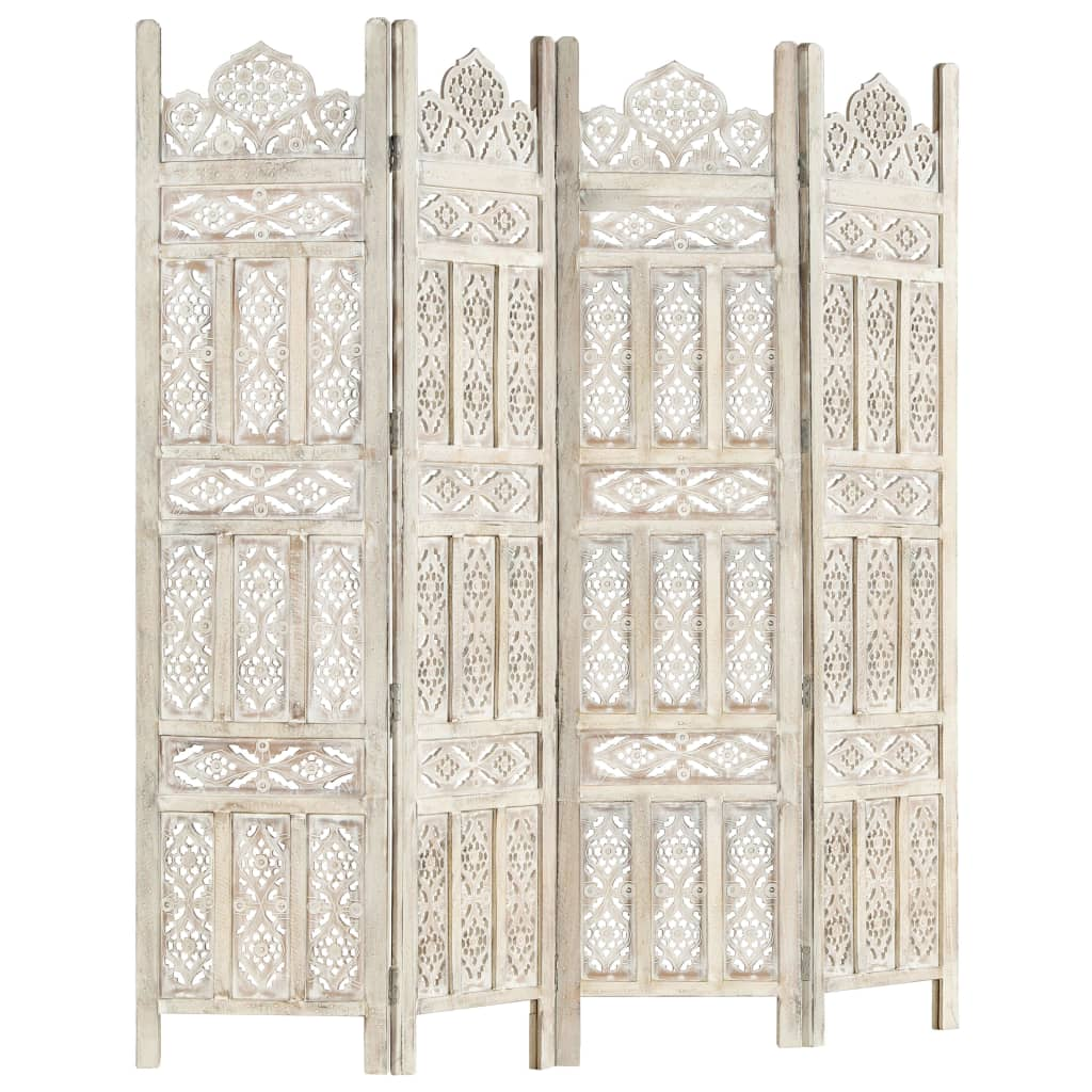 Hand carved 4-Panel Room Divider White 160x165 cm Solid Mango Wood