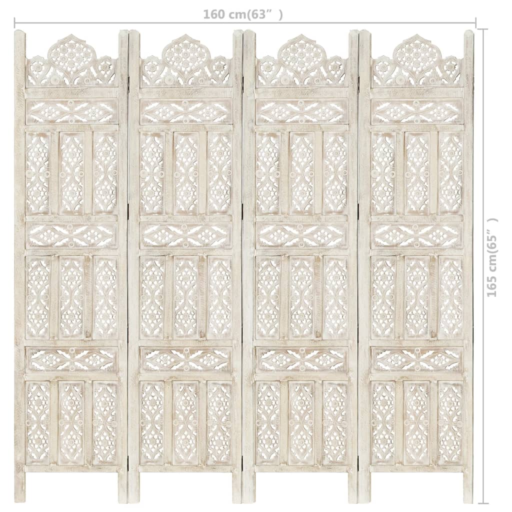 Hand carved 4-Panel Room Divider White 160x165 cm Solid Mango Wood