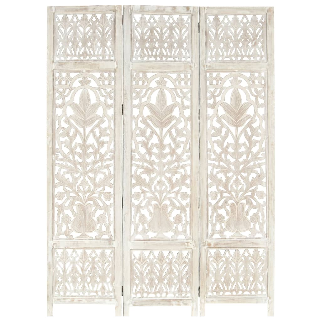 Hand carved 3-Panel Room Divider White 120x165 cm Solid Mango Wood