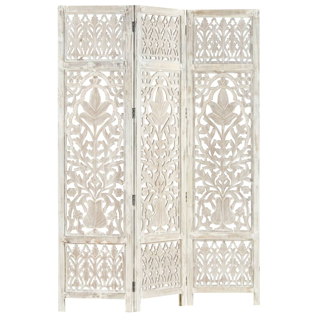 Hand carved 3-Panel Room Divider White 120x165 cm Solid Mango Wood