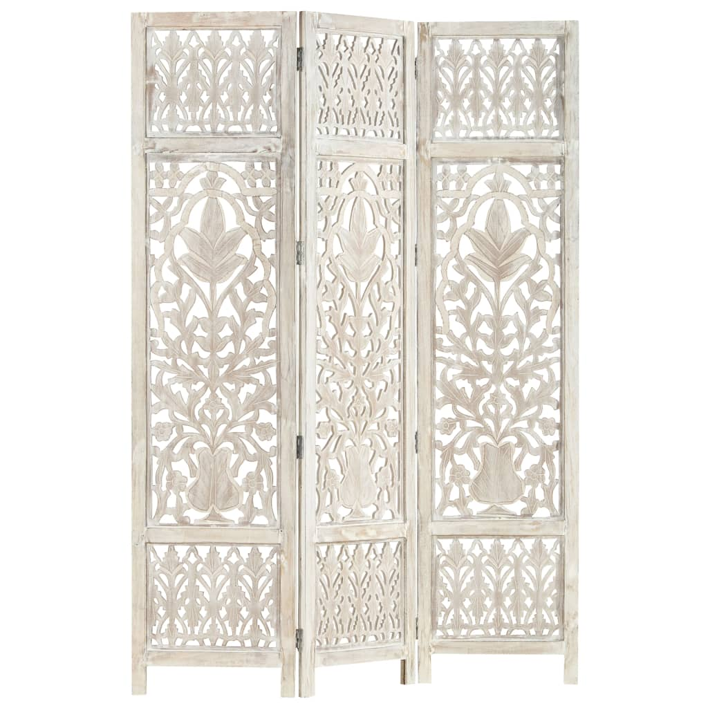 Hand carved 3-Panel Room Divider White 120x165 cm Solid Mango Wood