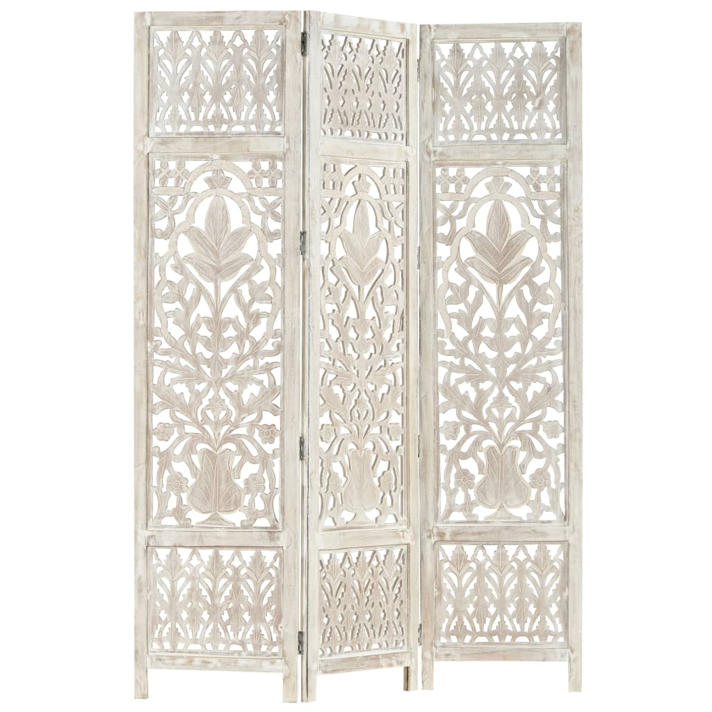 Hand carved 3-Panel Room Divider White 120x165 cm Solid Mango Wood