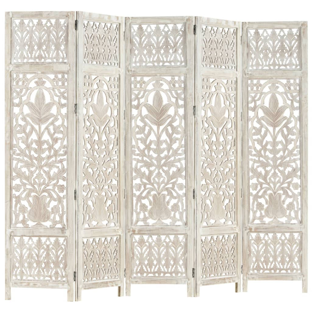 Hand carved 5-Panel Room Divider White 200x165 cm Solid Mango Wood