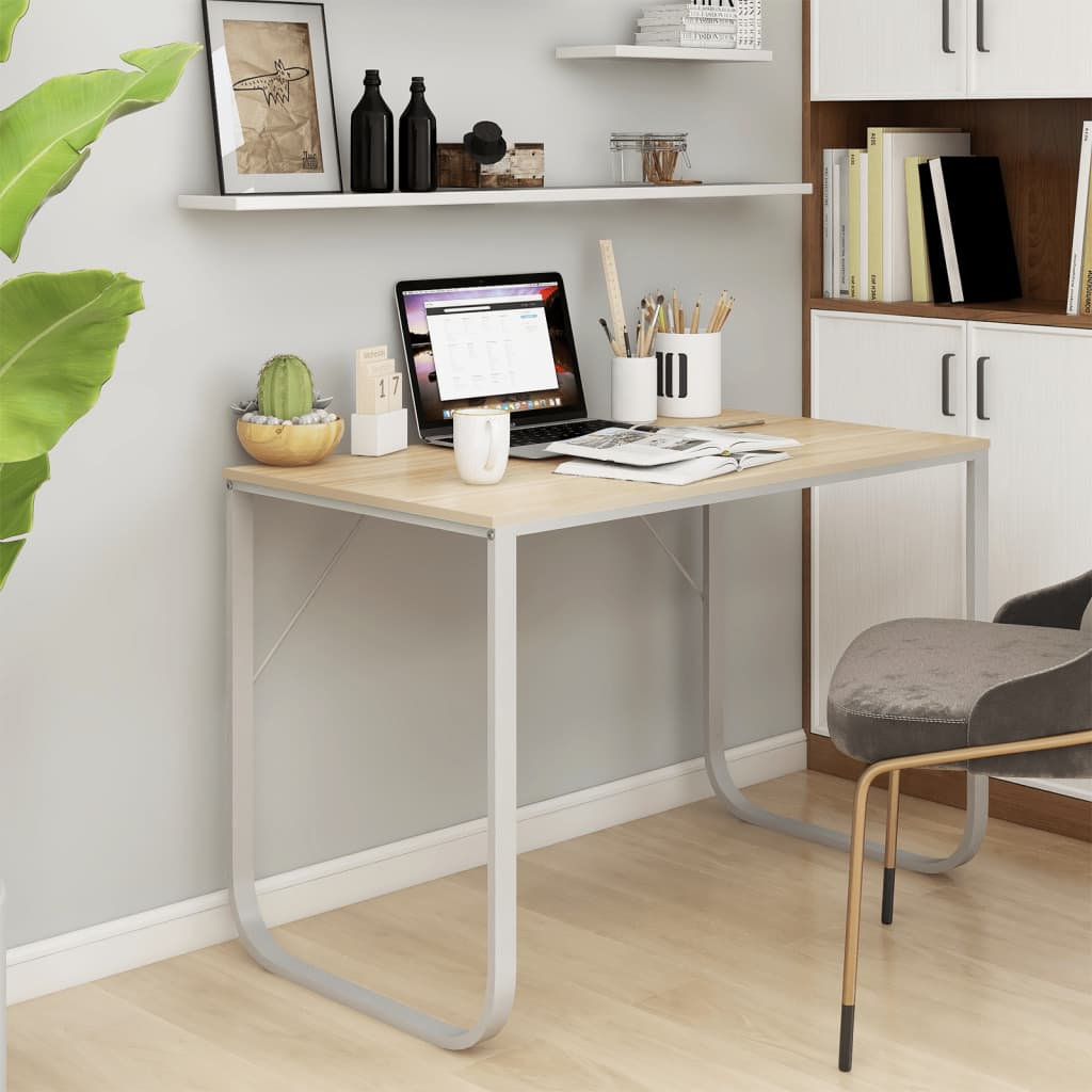 Computer Desk White and Oak 110x60x73 cm Engineered Wood