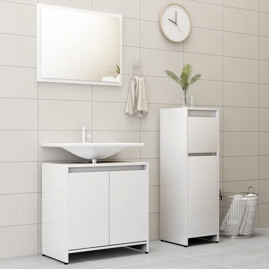 3 Piece Bathroom Furniture Set High Gloss White Engineered Wood