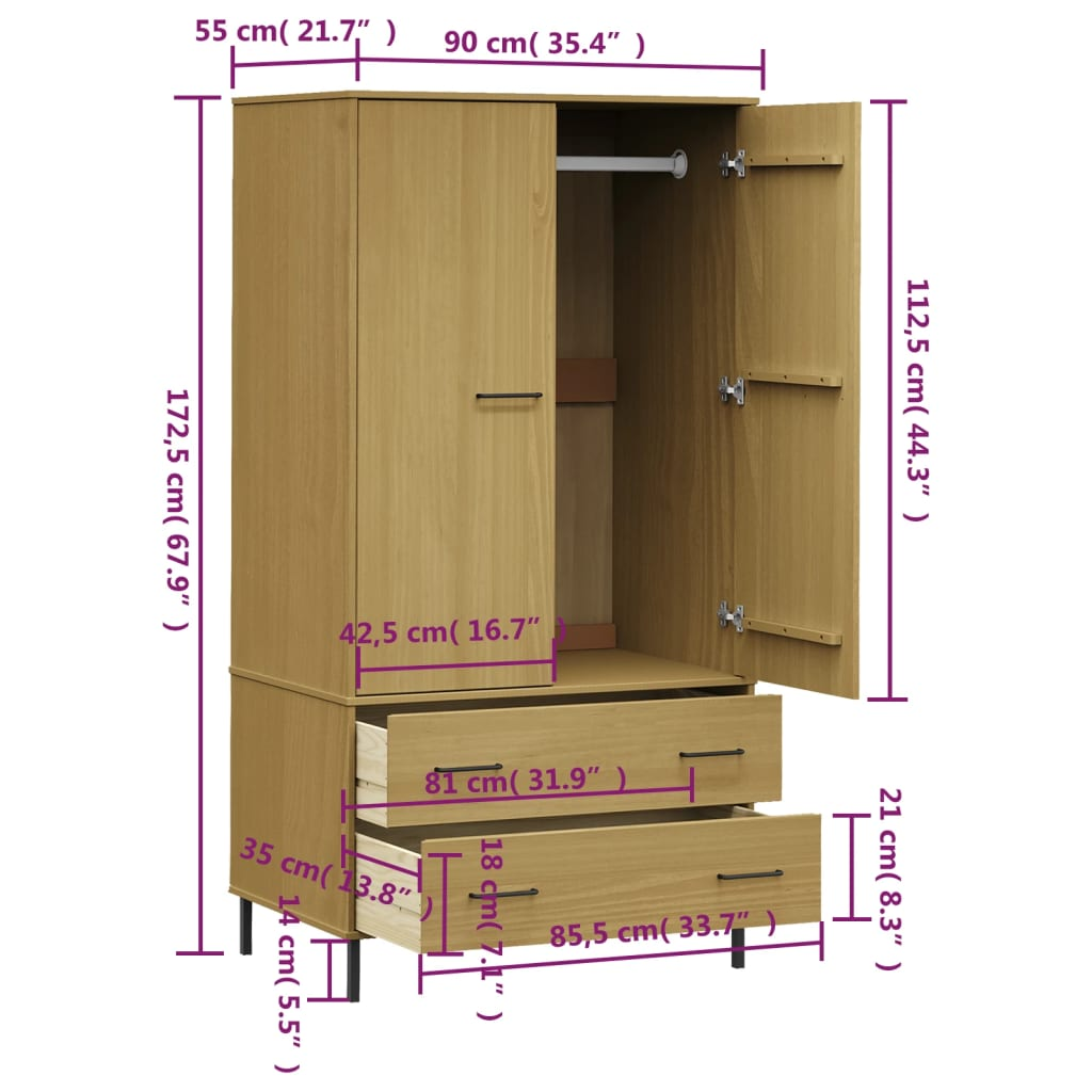 Wardrobe with Metal Legs Brown 90x55x172.5 cm Solid Wood OSLO