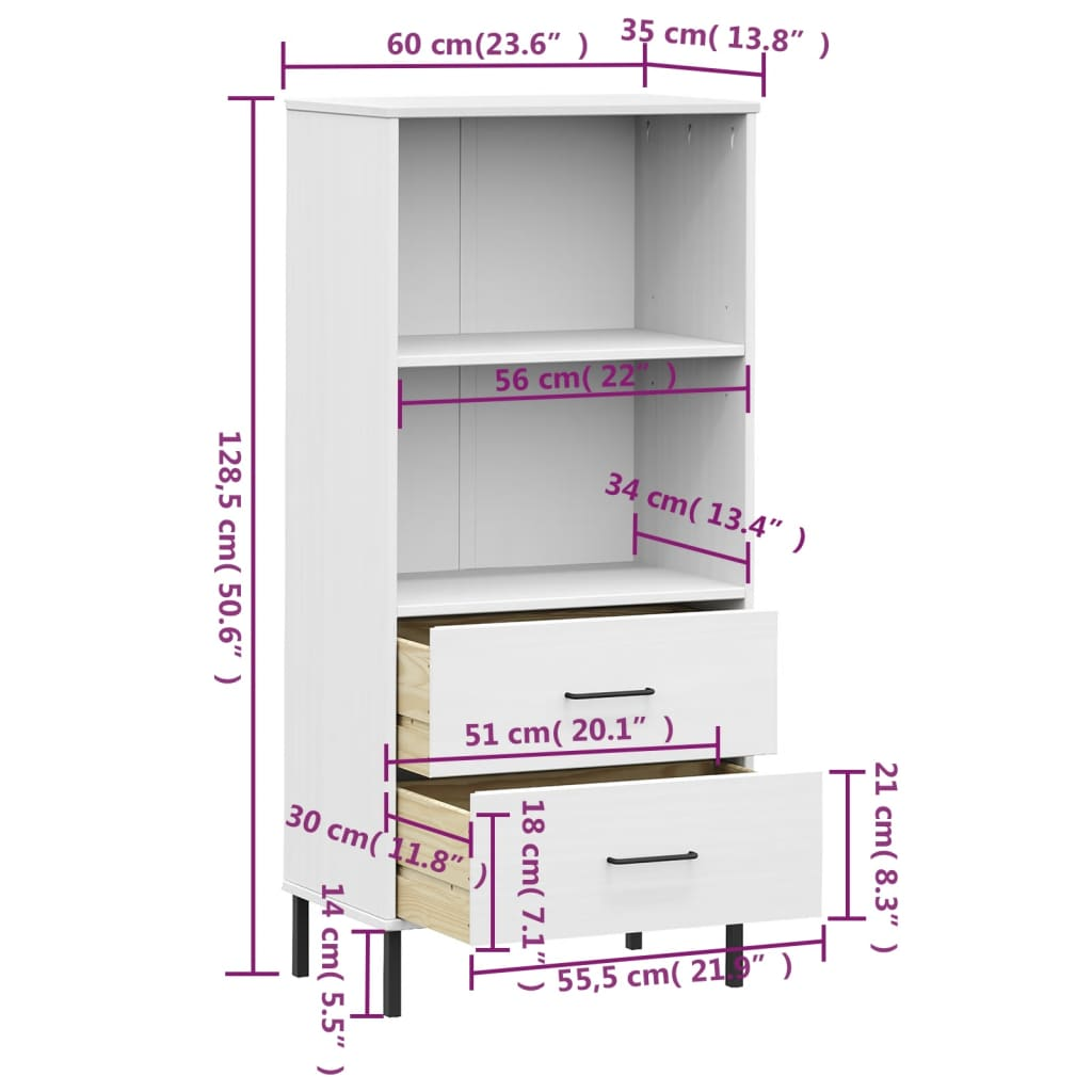 Bookcase with 2 Drawers White 60x35x128.5 cm Solid Wood OSLO