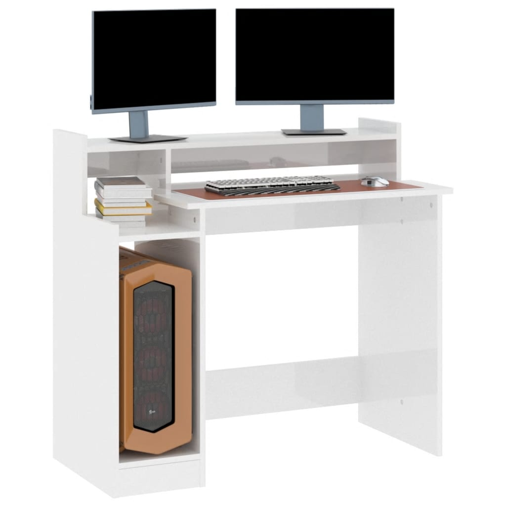 Desk with LED Lights High Gloss White  97x45x90 cm Engineered Wood