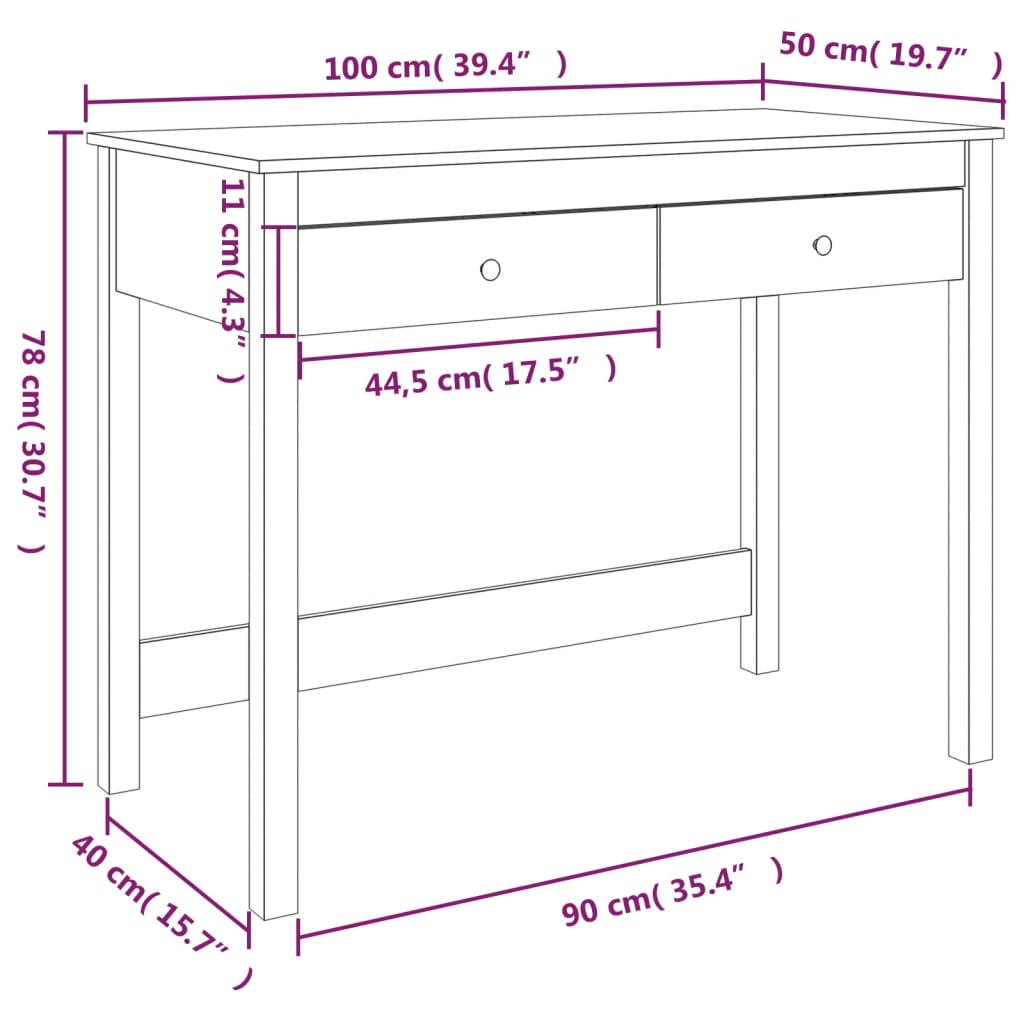 Desk with Drawers White 100x50x78 cm Solid Wood Pine