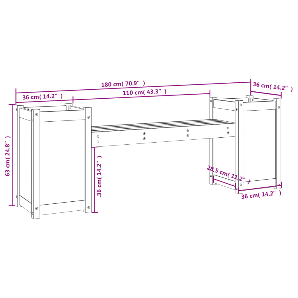 Planter Bench Black 180x36x63 cm Solid Wood Pine