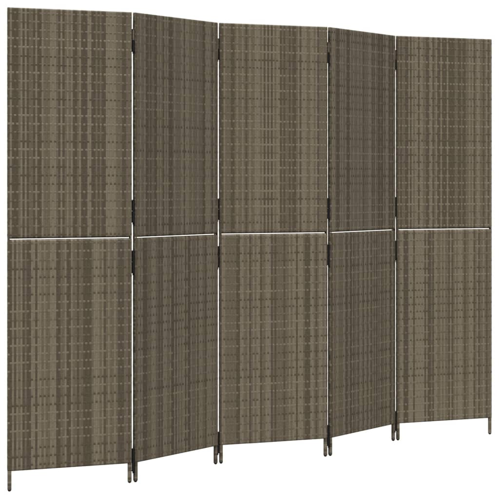 Room Divider 5 Panels Grey Poly Rattan