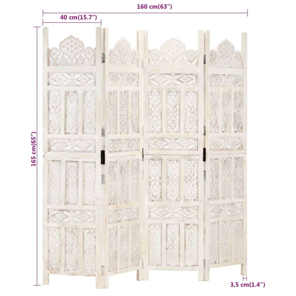 Hand carved 4-Panel Room Divider White 160x165 cm Solid Mango Wood