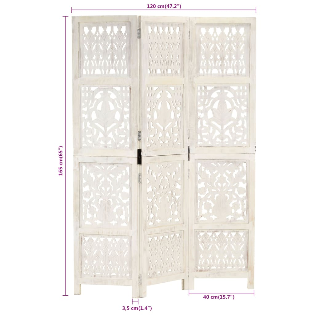 Hand carved 3-Panel Room Divider White 120x165 cm Solid Mango Wood