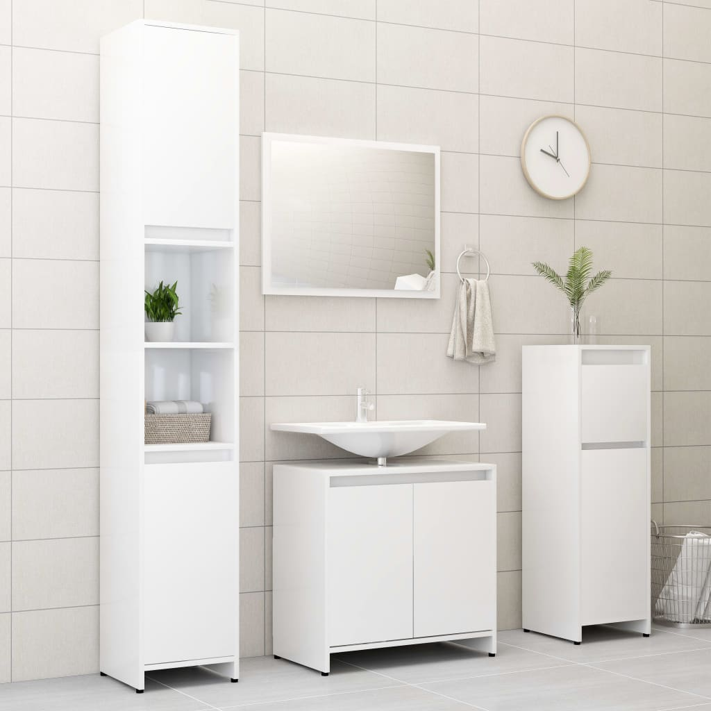 3 Piece Bathroom Furniture Set High Gloss White Engineered Wood