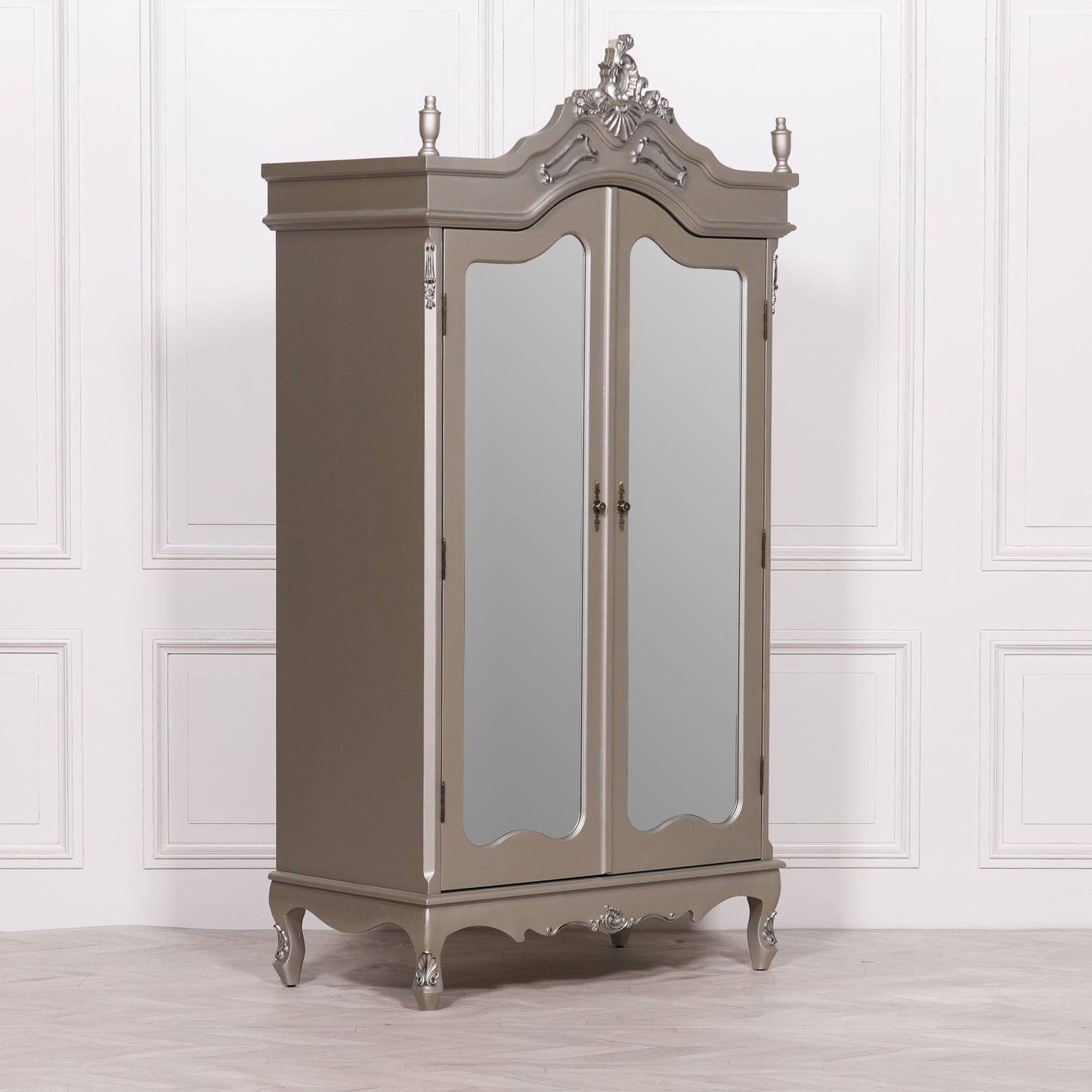 ֎French Antique Silver Double Mirrored Door Armoire