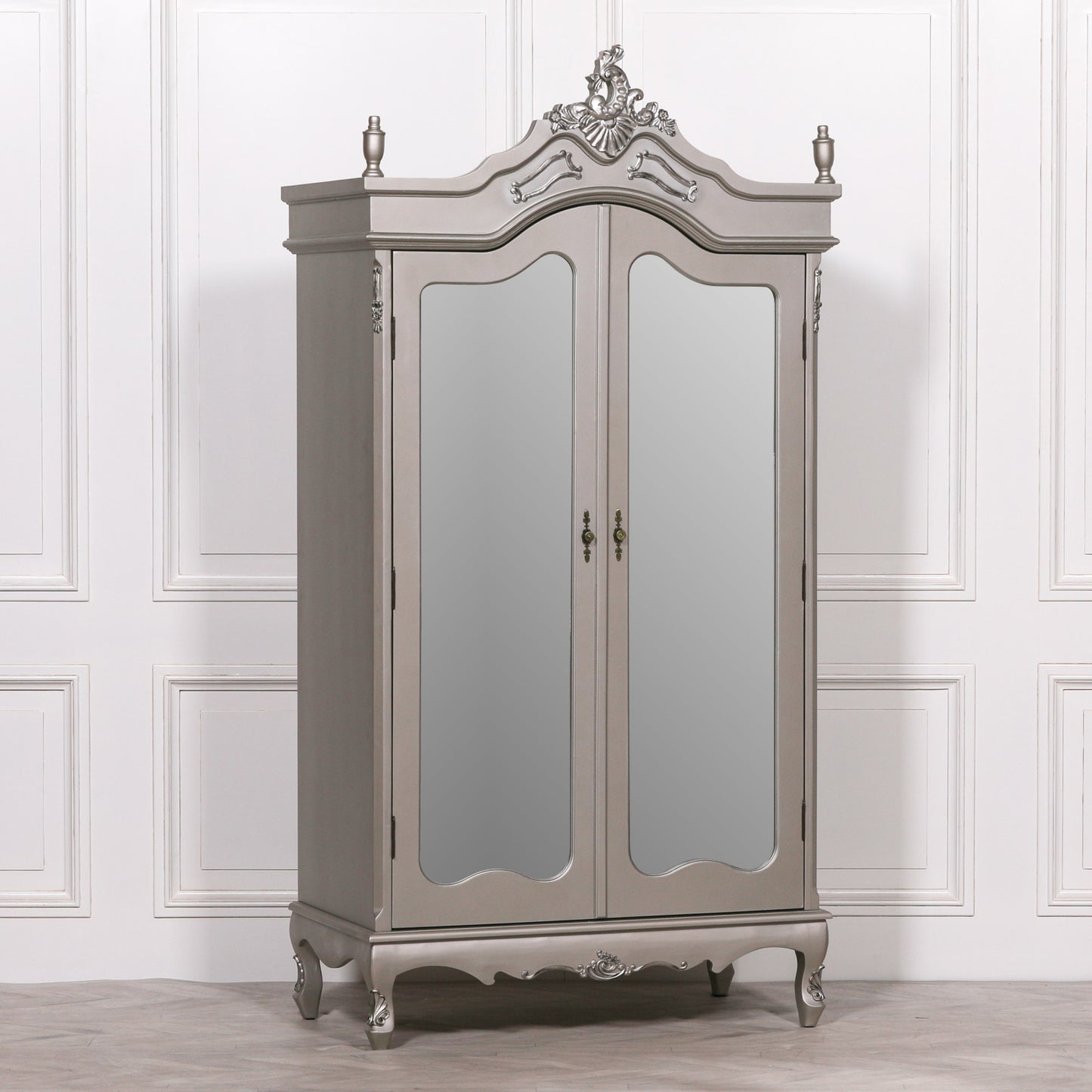 ֎French Antique Silver Double Mirrored Door Armoire