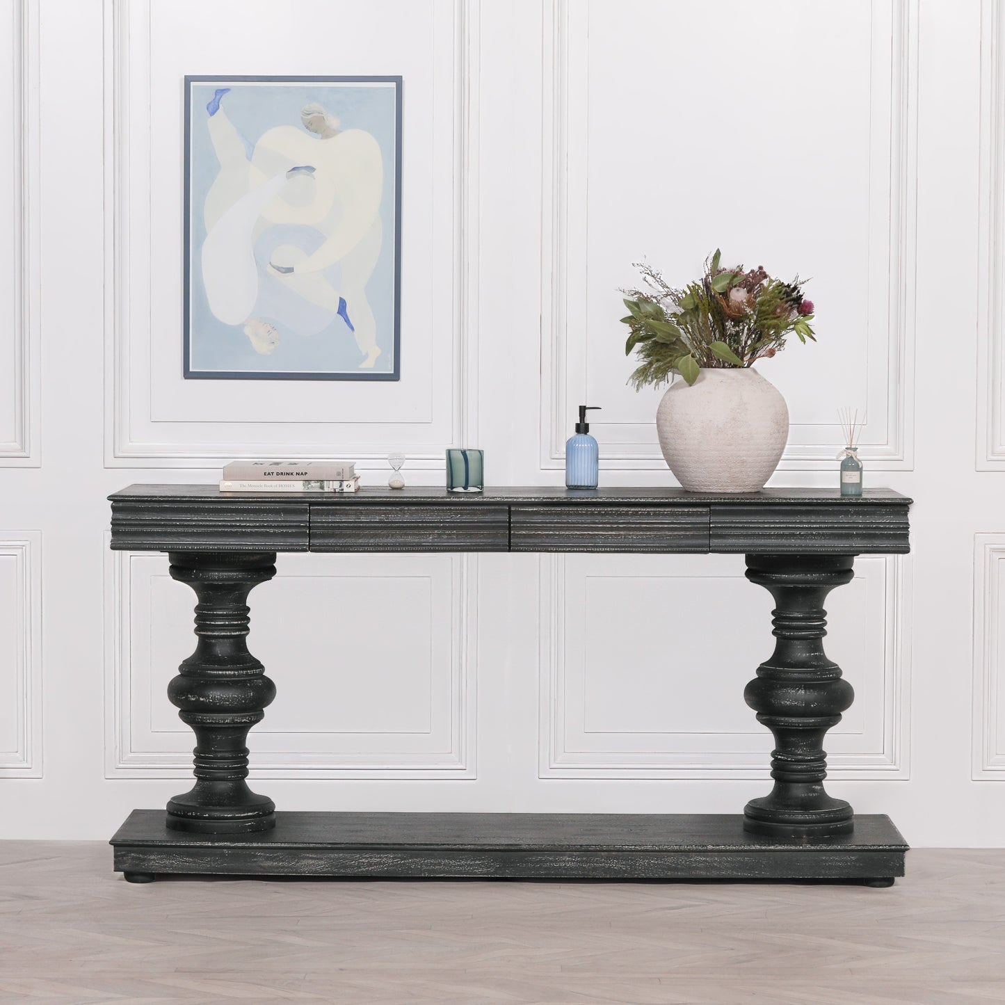 ֎180cm Black Distressed Console Table with Drawers