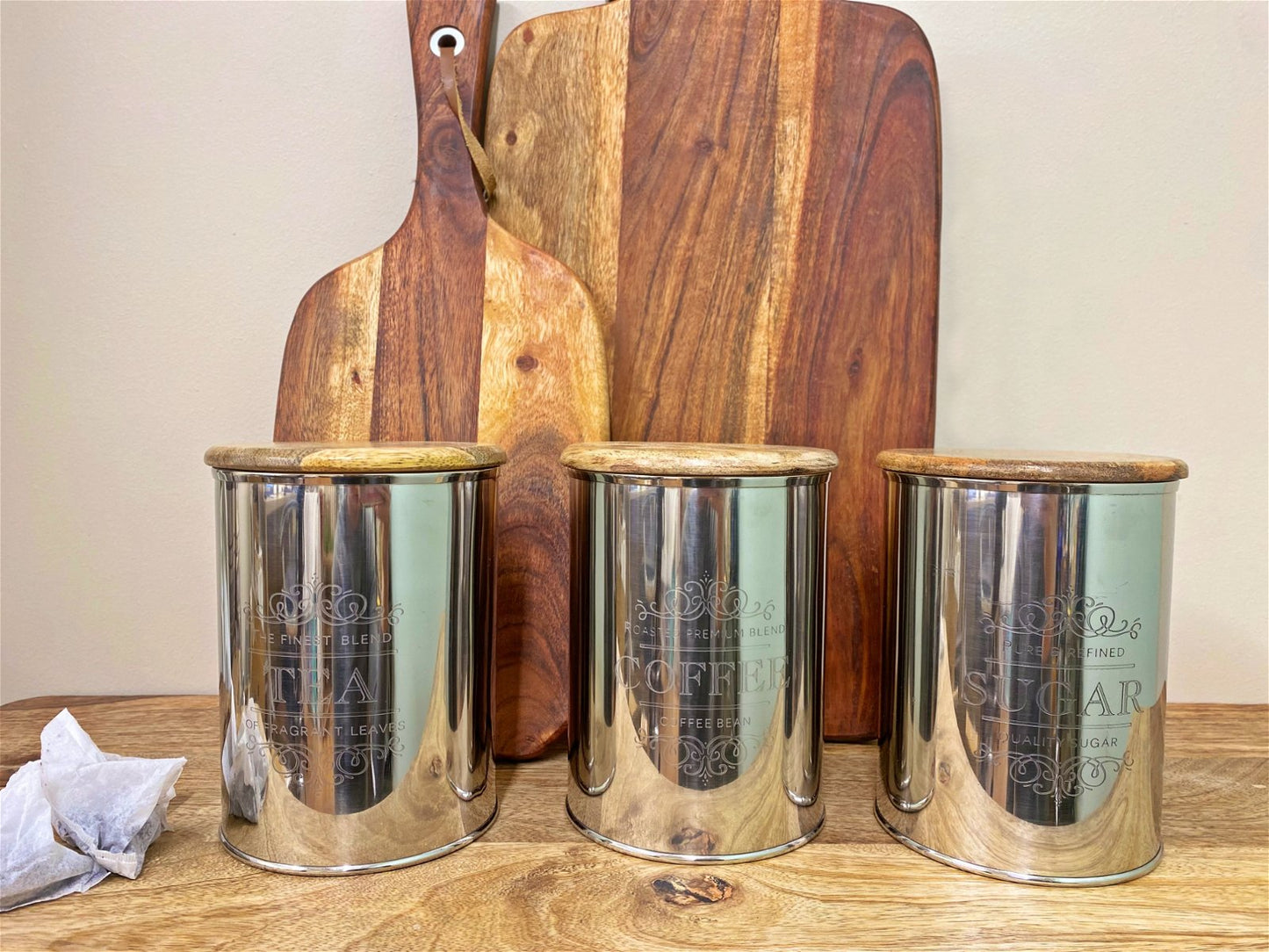 Set Of Three Silver Tea Coffee Sugar Containers