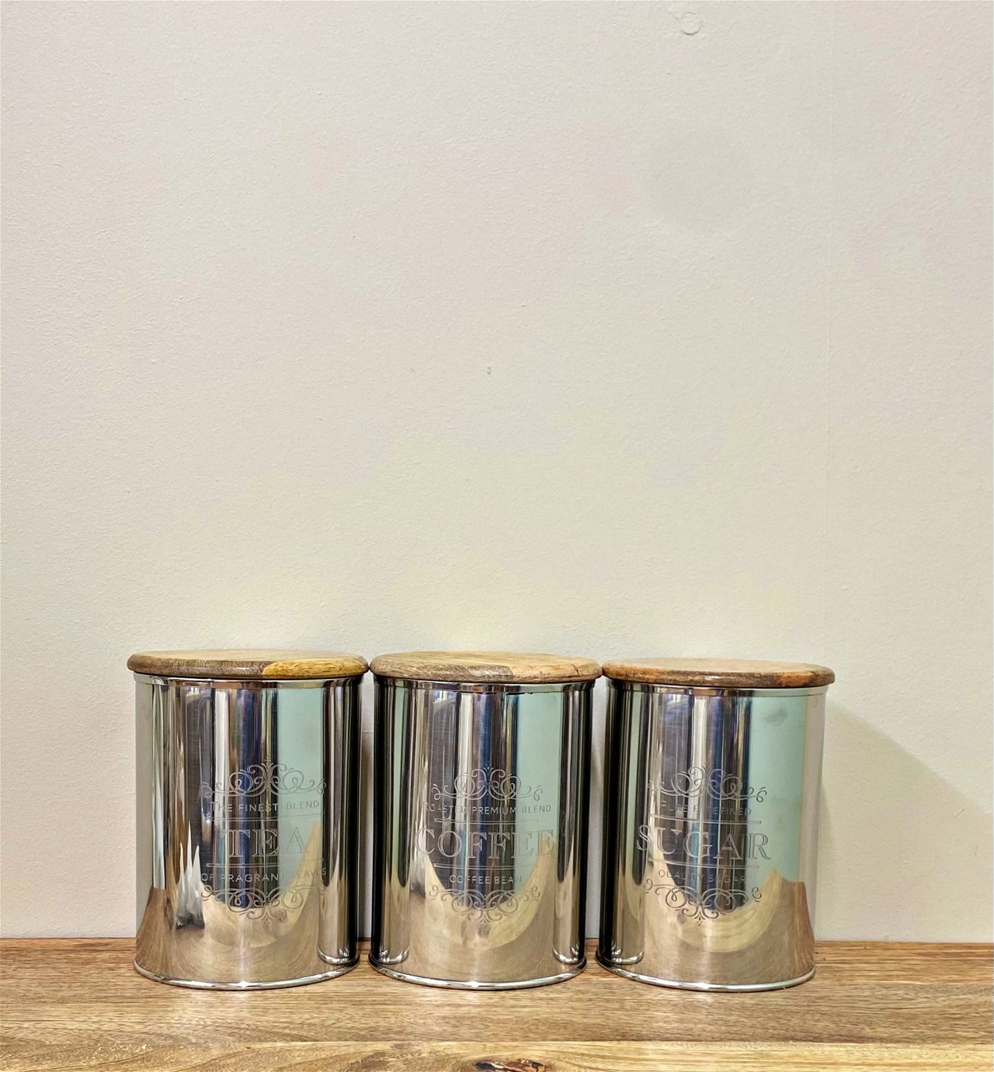 Set Of Three Silver Tea Coffee Sugar Containers